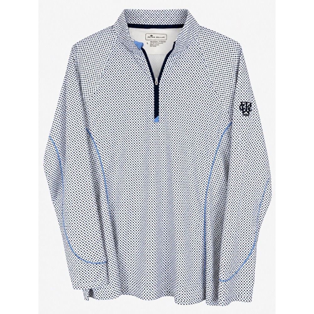 Peter Millar Womens L Quarter Zip Golf Pullover Blue White Geometric UPF 50+